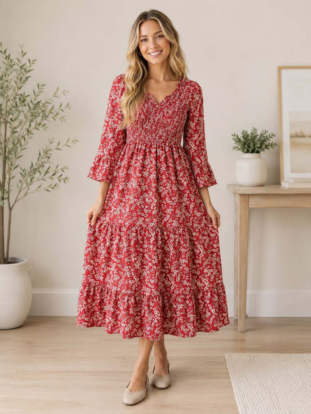 Sweet Salt Red Floral Smocked Tiered Midi Dress Boho Cottagecore Size 6